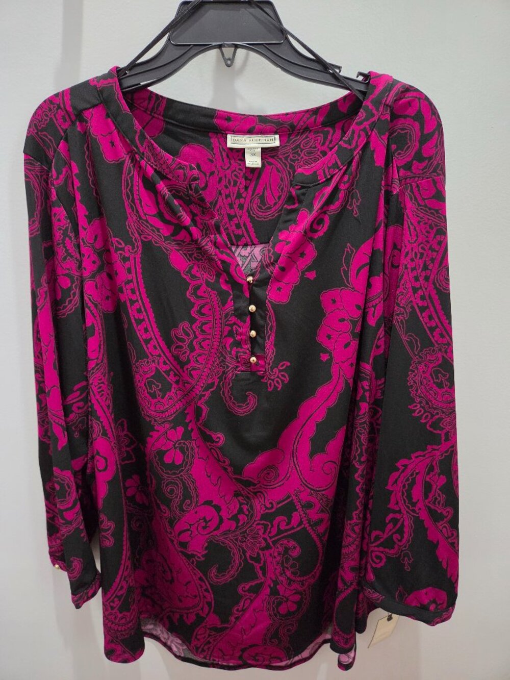 NWT Dana Buchman Black & Fuchsia V Neck 3/4 Sleeve Henley Blouse Plus Size-3X